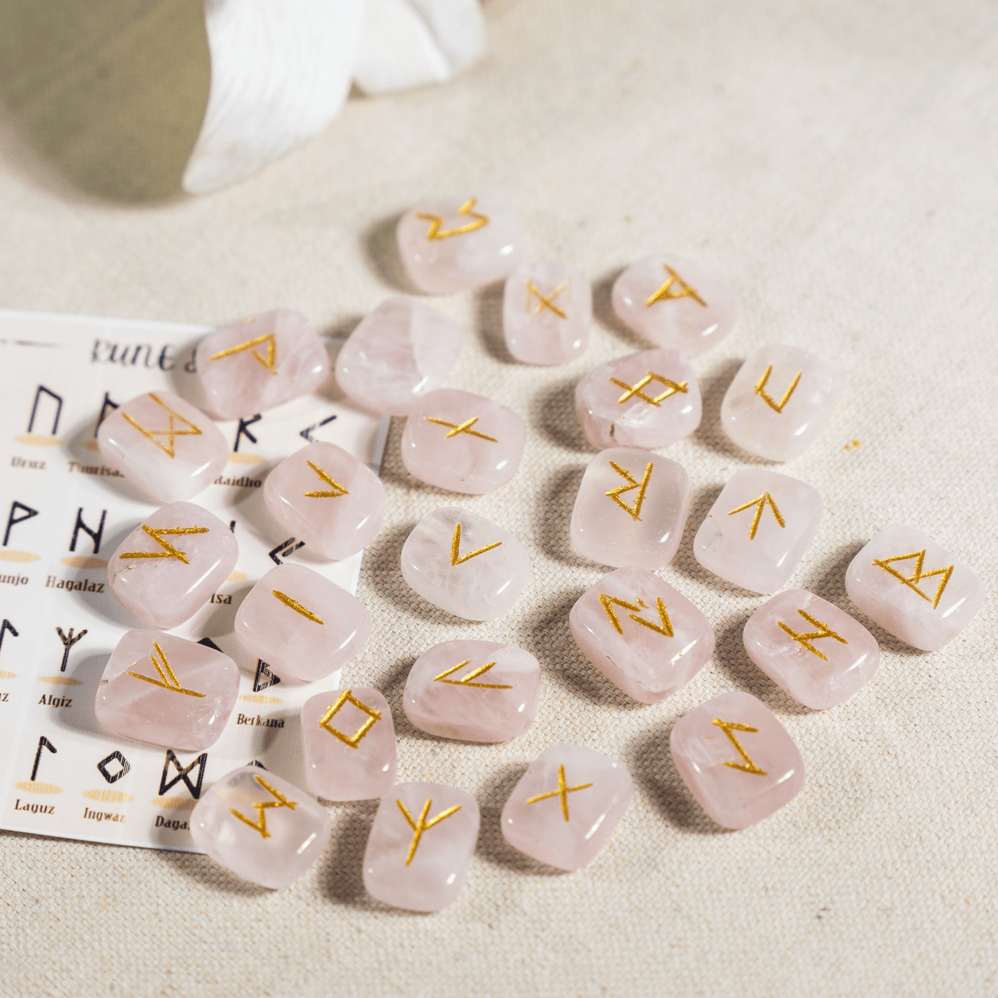 Rose Quartz Rune Sets with Black Velvet Pouch and Rune Card