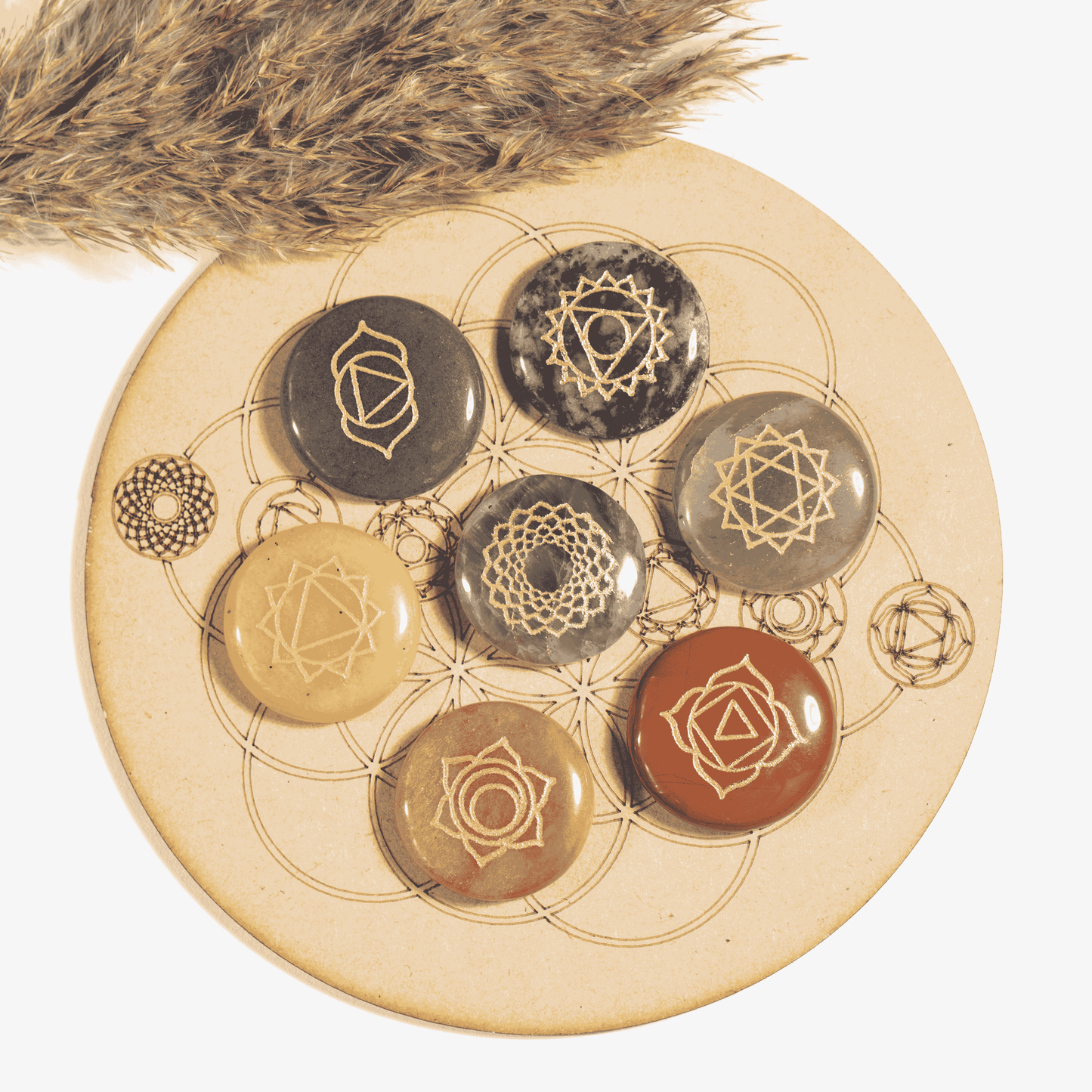 Chakra Crystals Set, Round Reiki 7 Chakra Stones Set, Wooden Grid Plate, Selenite Log