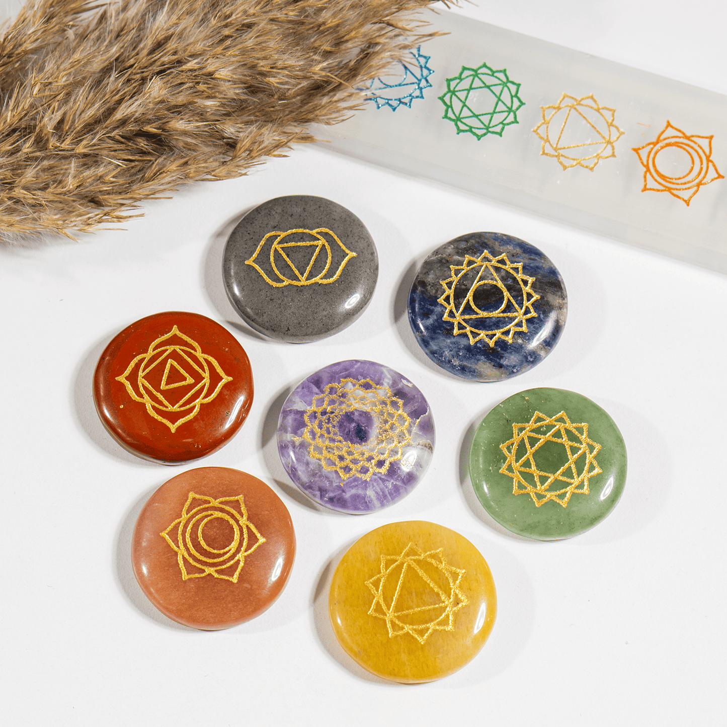 Chakra Crystals Set, Round Reiki 7 Chakra Stones Set, Wooden Grid Plate, Selenite Log