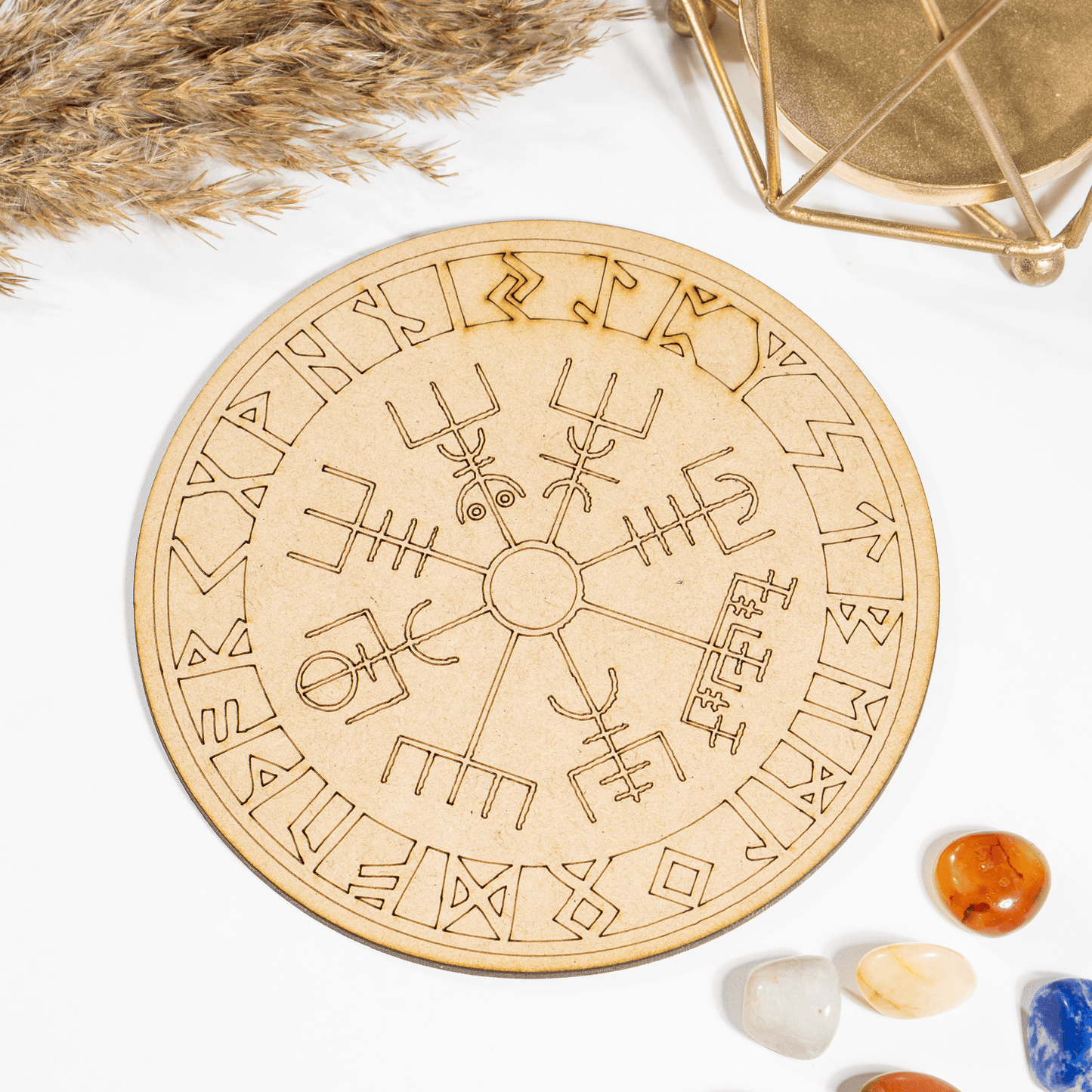 6" Wooden Norse Runes Crystal Grid Plate