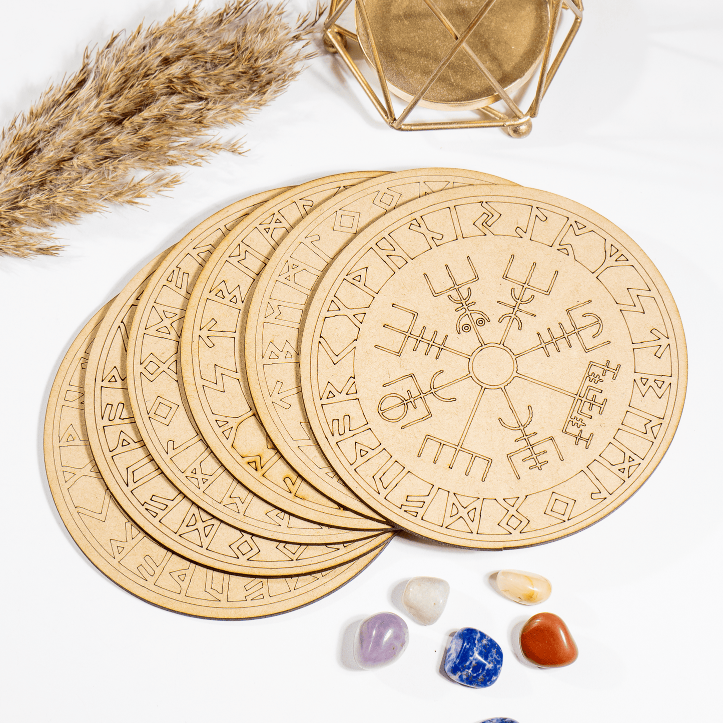 6" Wooden Norse Runes Crystal Grid Plate