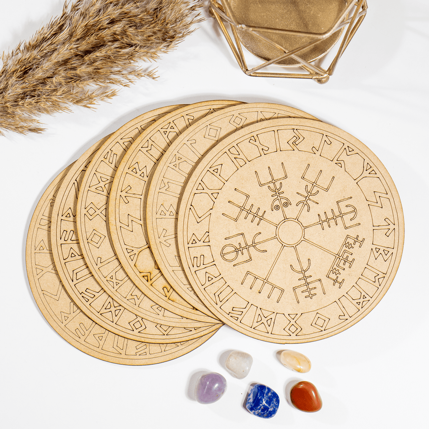 6" Wooden Norse Runes Crystal Grid Plate