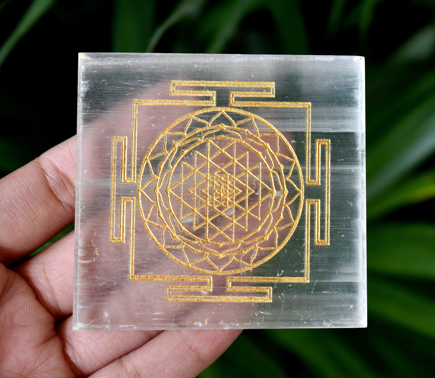 Shri Yantra Selenite Charging Plate, 3 inche Polished Square Selenite Crystal For Positive Energy, Spiritual Sacred Geometry