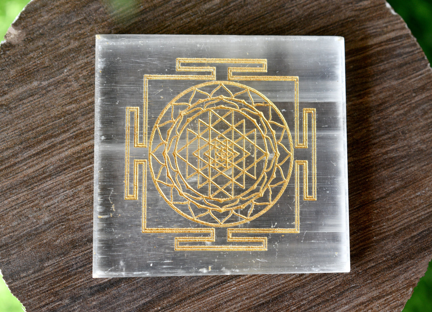 Shri Yantra Selenite Charging Plate, 3 inche Polished Square Selenite Crystal For Positive Energy, Spiritual Sacred Geometry