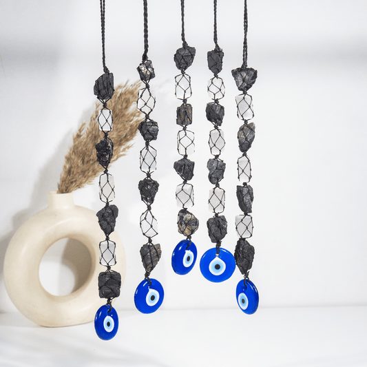 Selenite With Black Tourmaline Evil Eye Tassel Hanger