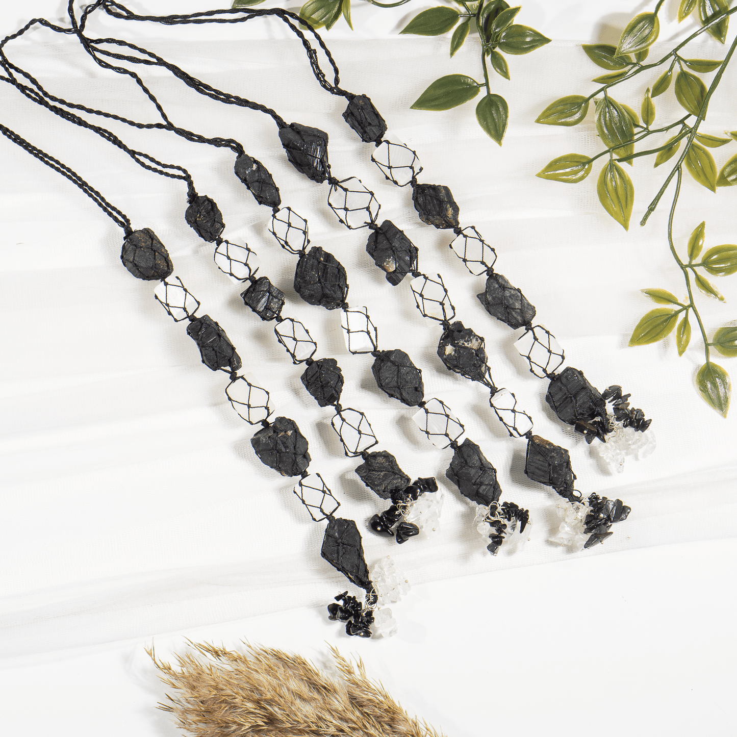 Selenite With Black Tourmaline Plain Tassel HAnger