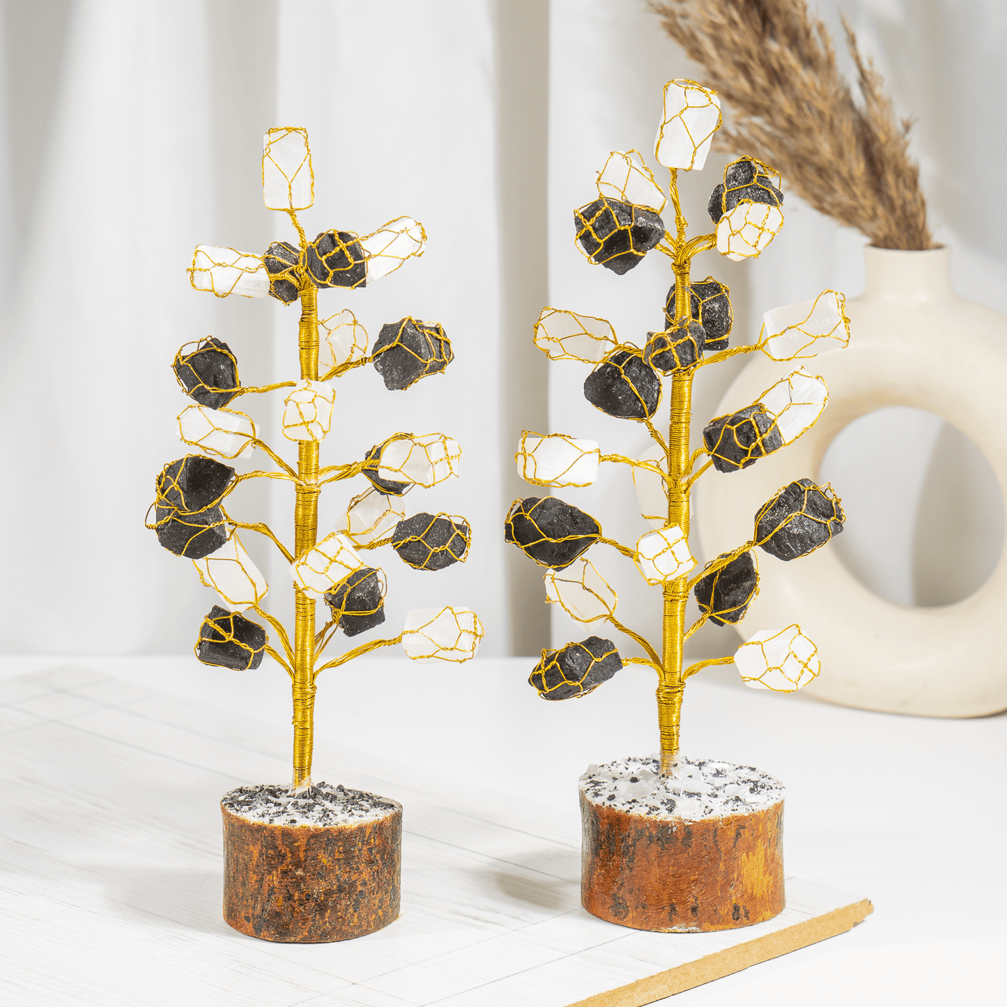 Gemstone Tree | Selenite & Black Tourmaline | Feng Shui Decor | Crystal Healing Tree | Protection & Positive Energy | Home & Office Decor