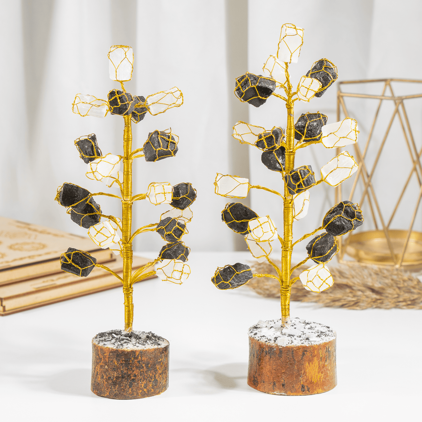 Gemstone Tree | Selenite & Black Tourmaline | Feng Shui Decor | Crystal Healing Tree | Protection & Positive Energy | Home & Office Decor