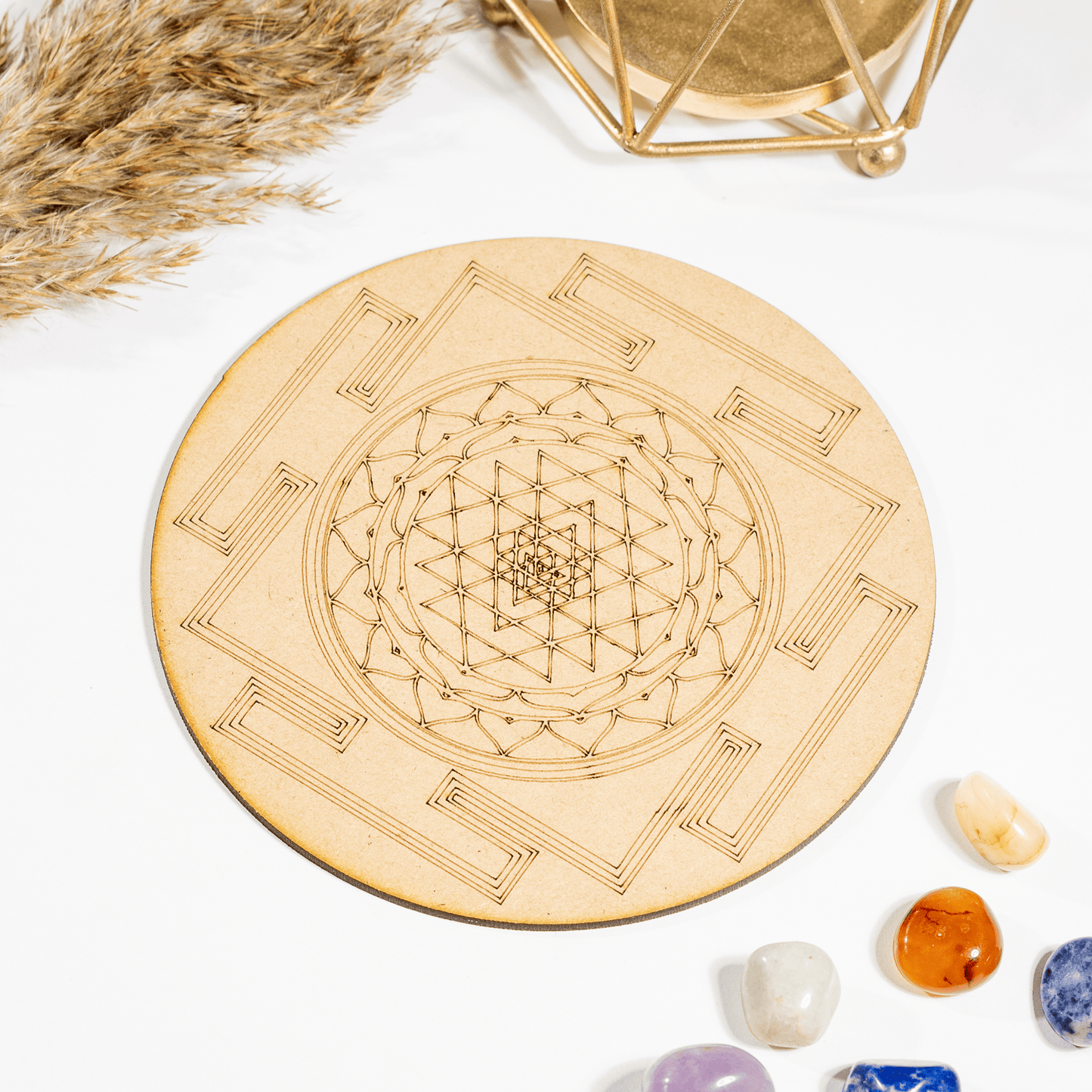 6" Wooden Shree Yantra Crystal Grid Plate