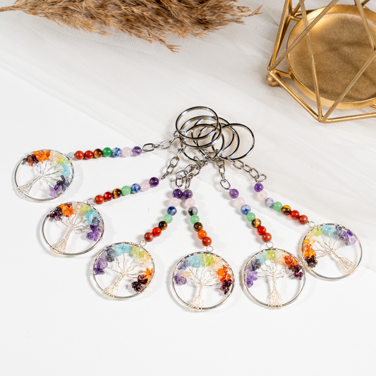 7 Chakra Gemstone Keychain | Natural Crystal Beads | Tree of Life Crystal Keyring