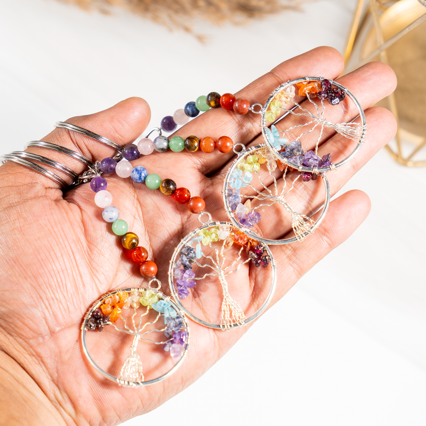 7 Chakra Gemstone Keychain | Natural Crystal Beads | Tree of Life Crystal Keyring