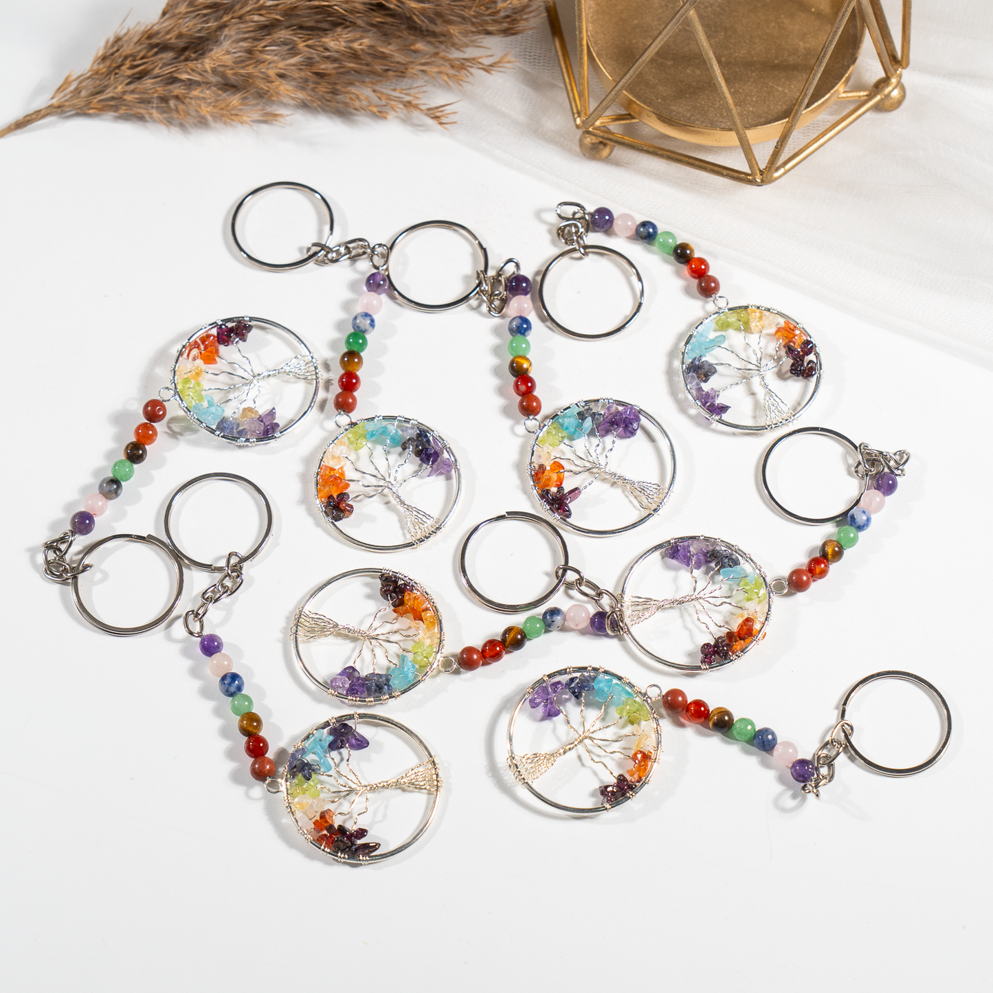 7 Chakra Gemstone Keychain | Natural Crystal Beads | Tree of Life Crystal Keyring