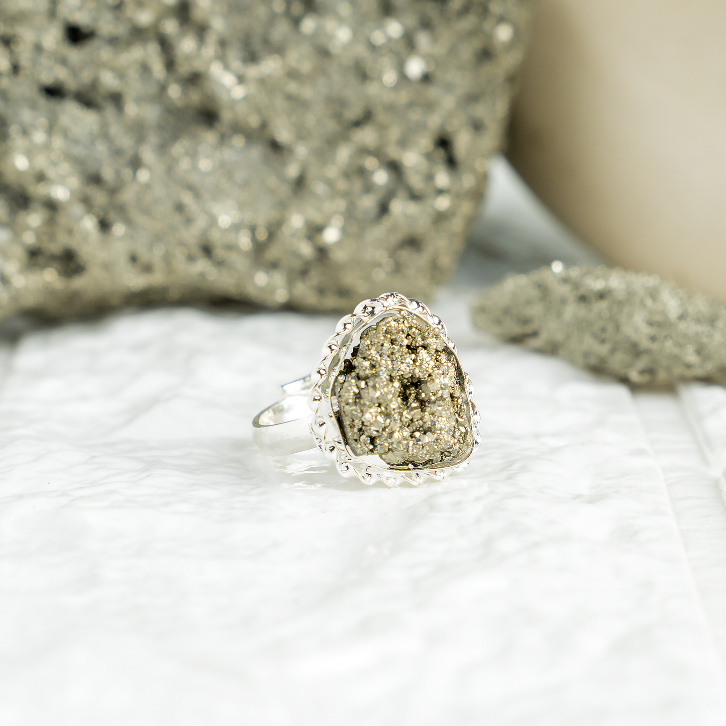 Pyrite Crystal Ring | Adjustable Gemstone Ring | Natural Healing Crystal Jewelry | Boho Spiritual Ring | Positive Energy & Protection Jewelry