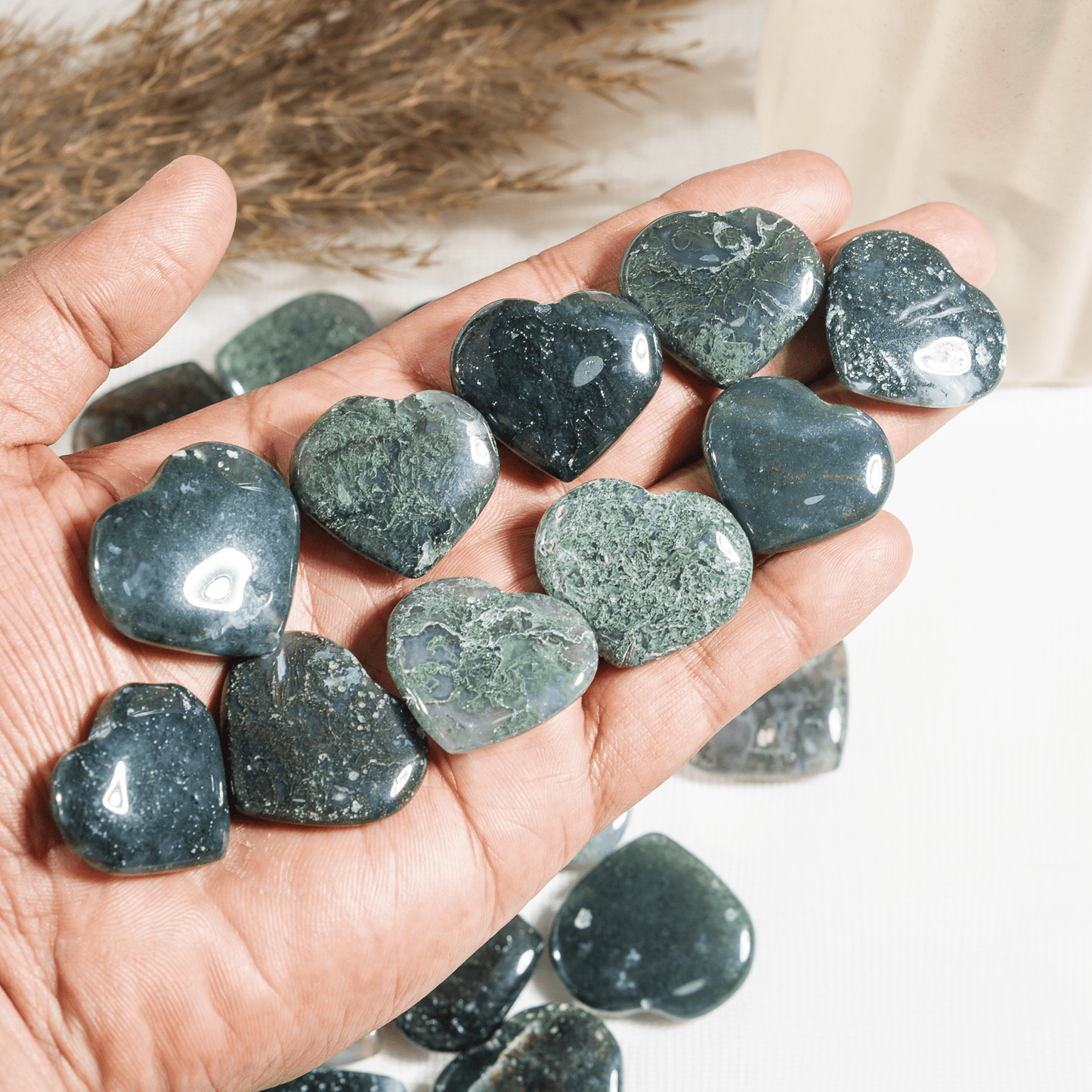 Moss Agate Mini  Pocket Crystal Heart (1 inch)