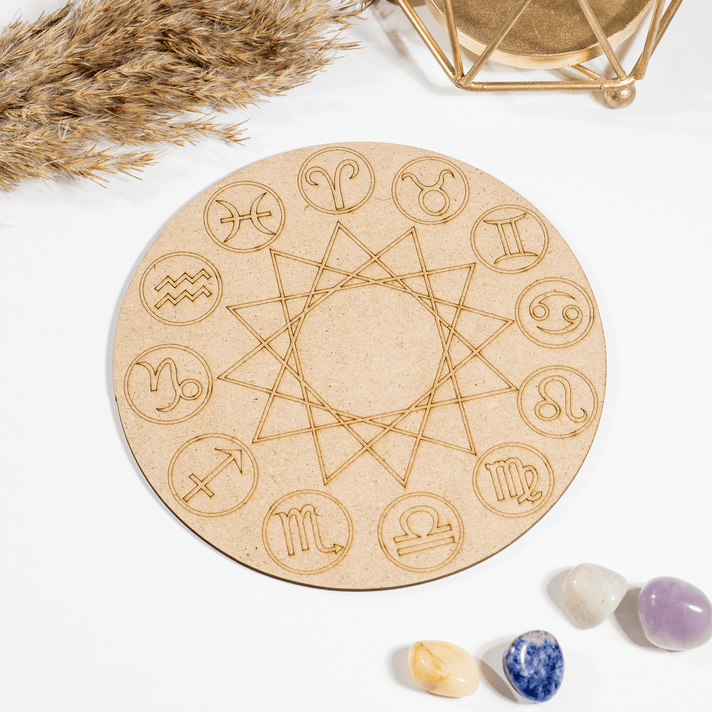 6" Wooden Zodiac Signs Crystal Grid Plate