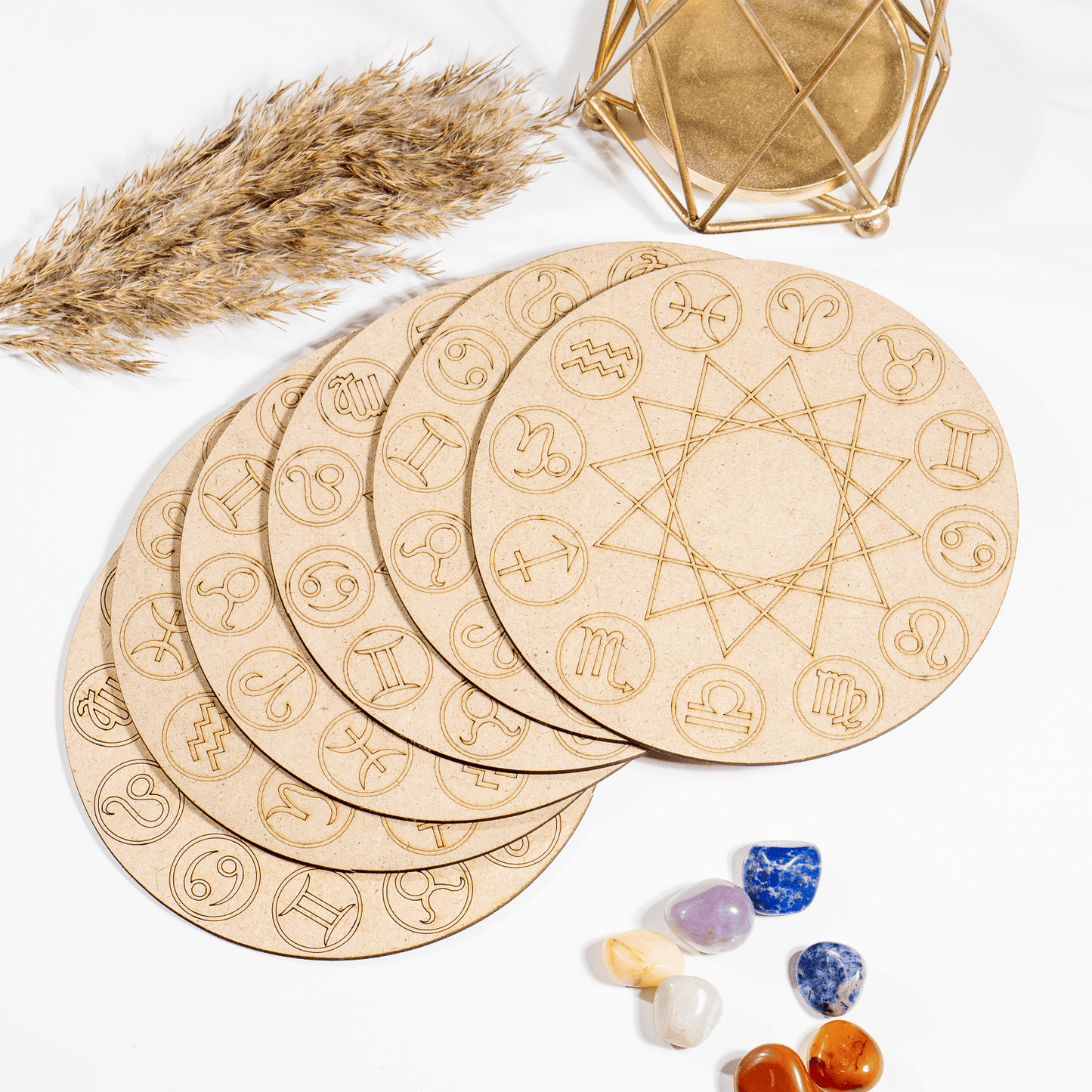 6" Wooden Zodiac Signs Crystal Grid Plate