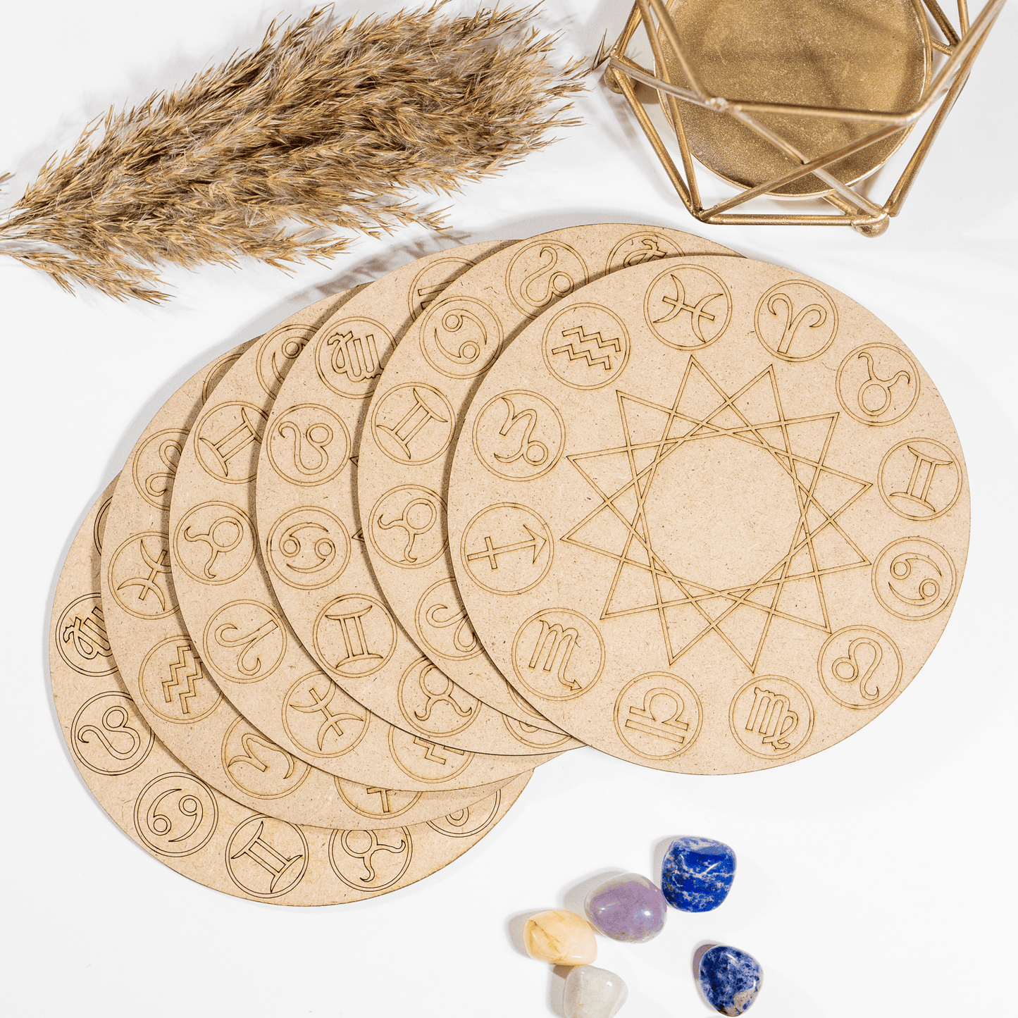 6" Wooden Zodiac Signs Crystal Grid Plate