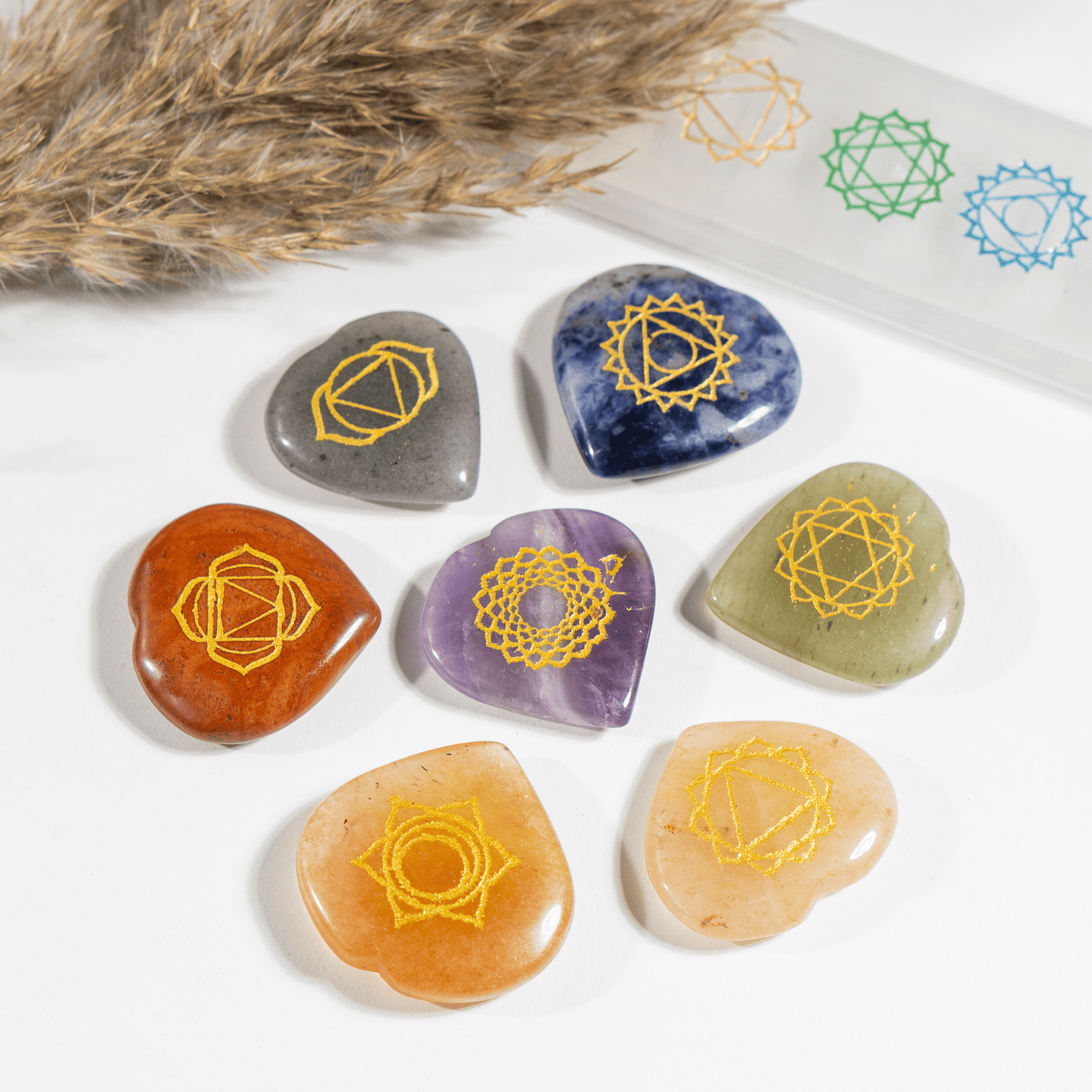 Chakra Crystals Set, Heart Shaped Reiki 7 Chakra Stones Set.