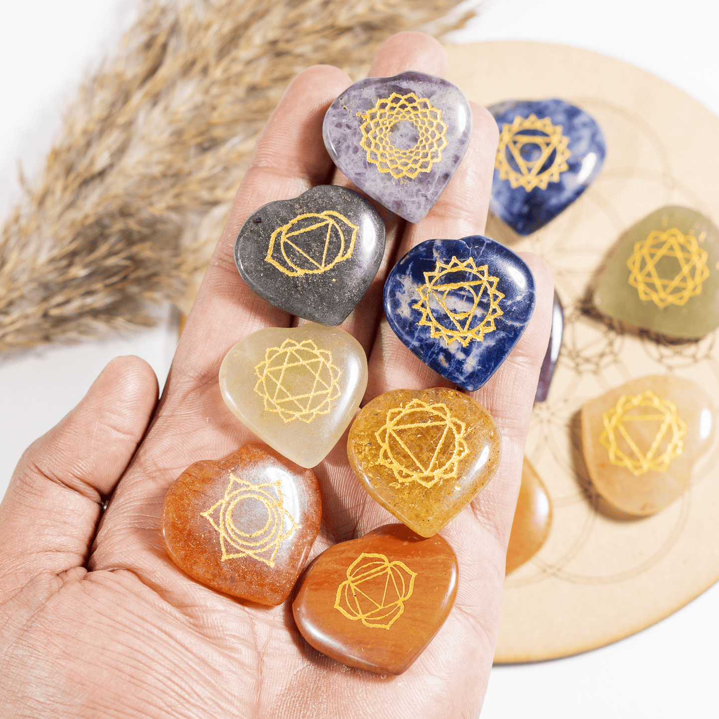 Chakra Crystals Set, Heart Shaped Reiki 7 Chakra Stones Set.