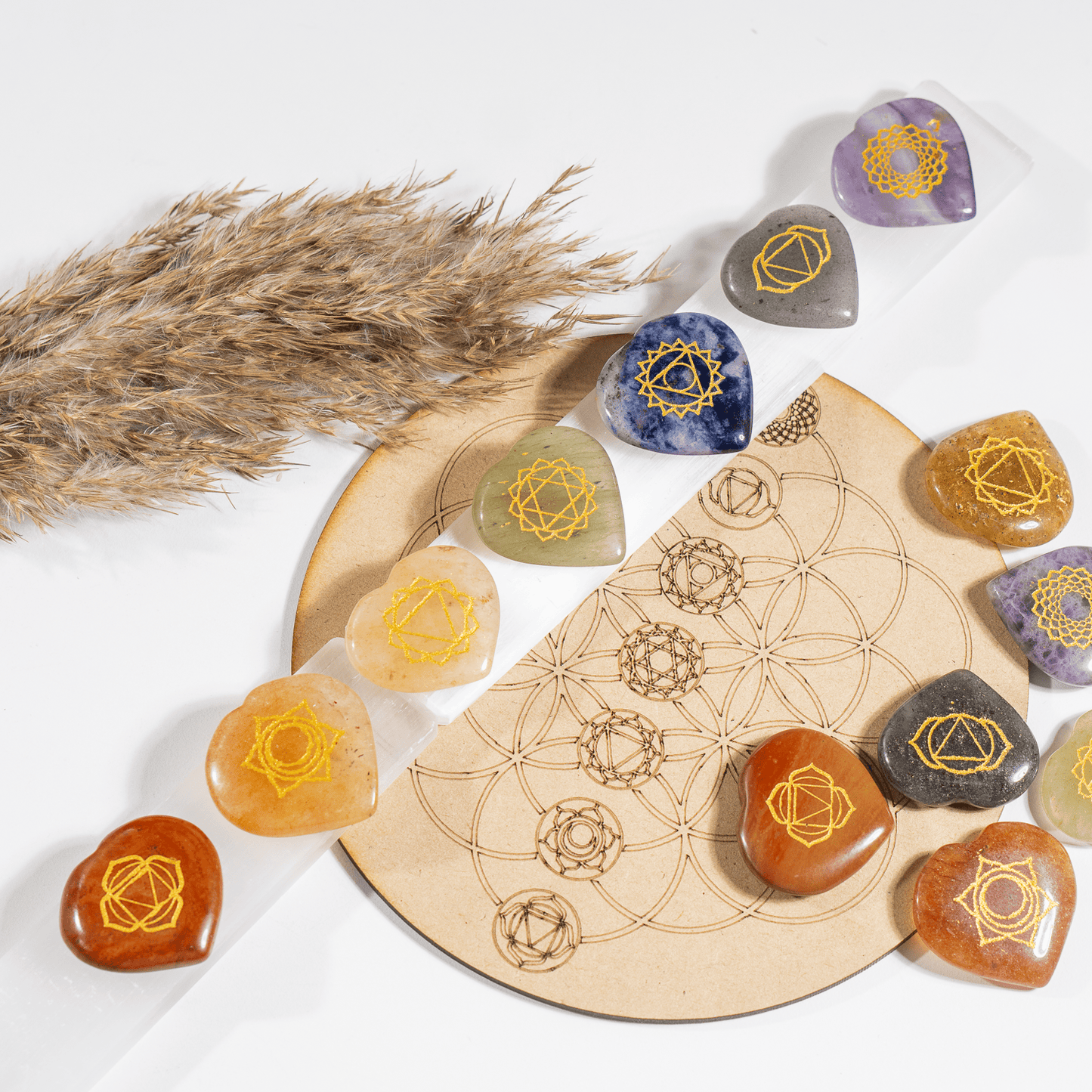 Chakra Crystals Set, Heart Shaped Reiki 7 Chakra Stones Set.