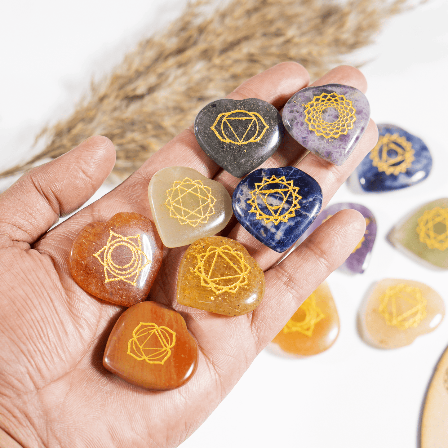 Chakra Crystals Set, Heart Shaped Reiki 7 Chakra Stones Set.