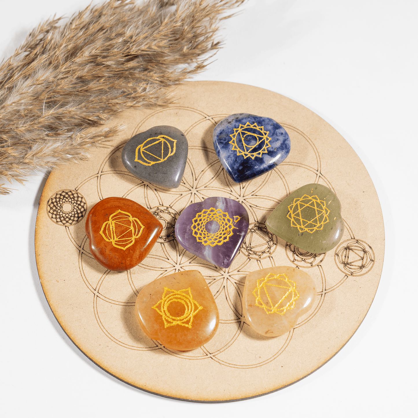 Chakra Crystals Set, Heart Shaped Reiki 7 Chakra Stones Set.