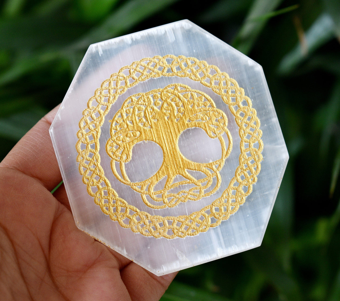 SELENITE Tree of Life Charging Plate ~ Etched Selenite, Celtic tree of life SELENITE Plate, Hexagon Shaped Golden Tree SELENITE  Station