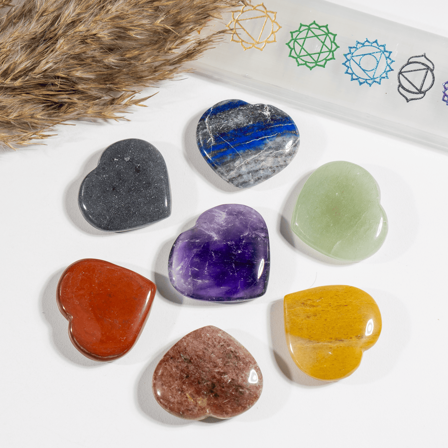 Heart Shape 7 Chakra Set, Chakra Stones - Pocket Heart Stones